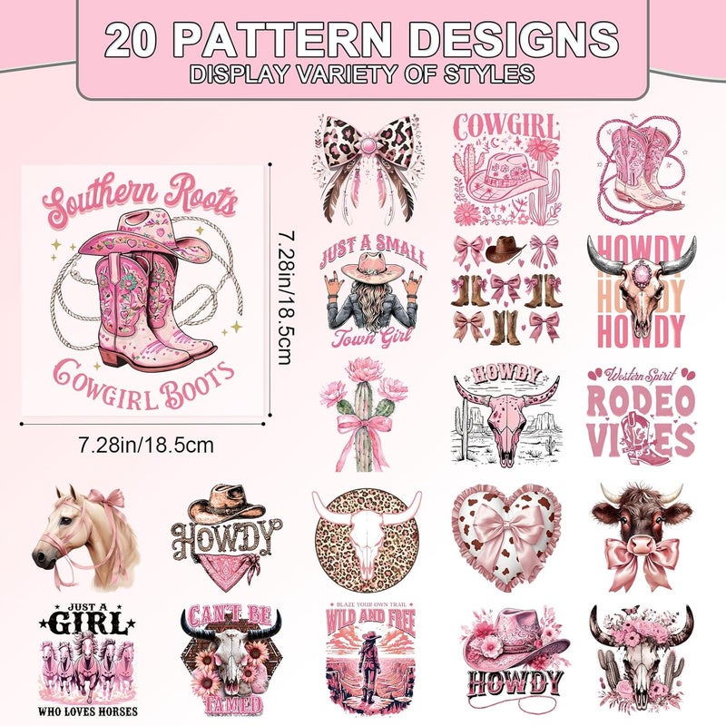 Shejdgart Dtf Transfers Ready to Press - 20 Pcs Western Cowgirl Iron on Patches for T-Shirts, Pink Coquete Bow Heat Transfer Designs Vinyl Stickers for Women, Iron on Decals for DIY Clothes Bags - Image 2